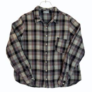 CP Shades Jay Plaid Button-Up Shirt Womens L Rolled Tab Sleeves Gray Cotton